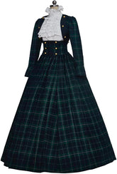 Elegant Victorian Dickens Caroler Cosplay Dress | Green Plaid Holiday Attire - Halloweez